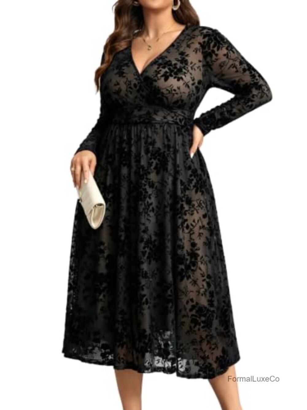 Plus Size Long Sleeve Maxi Dress Velvet Floral Wedding Guest Fall